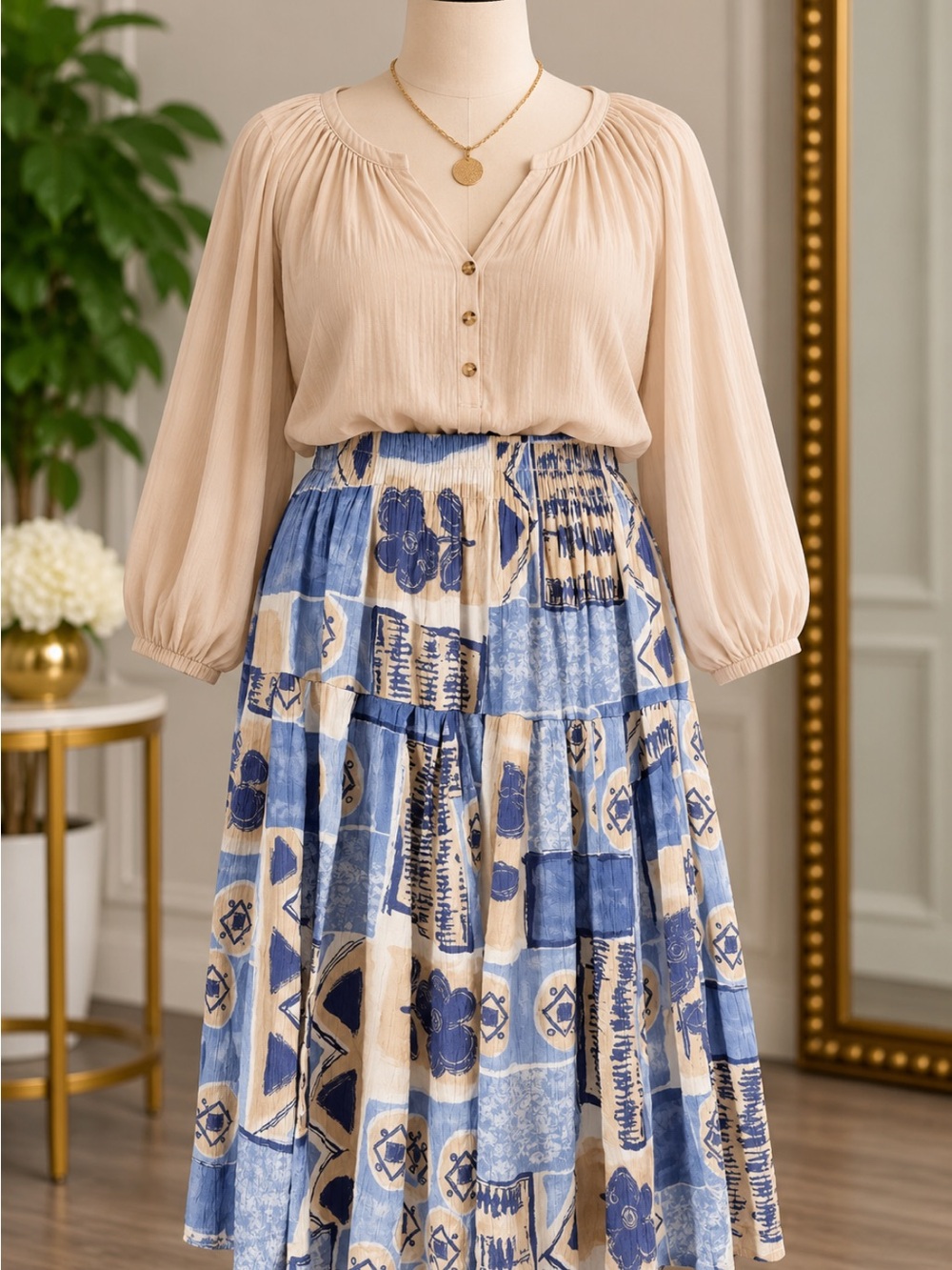 Boho Tiered Midi Skirt in Blue & Cream